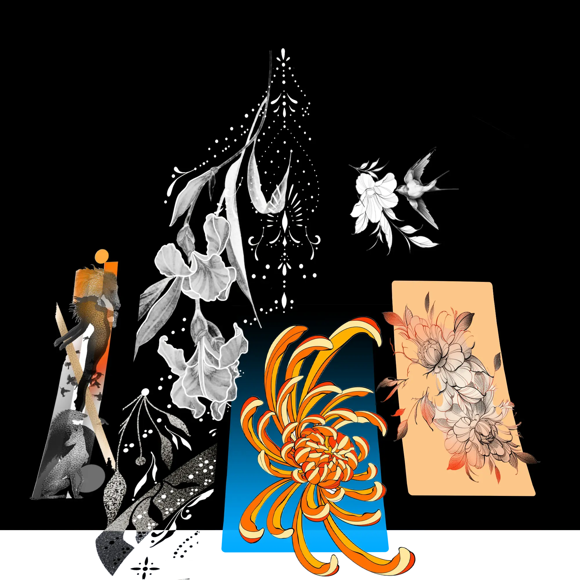 Sammlung individueller Tattoo-Designs der Tätowiererin.